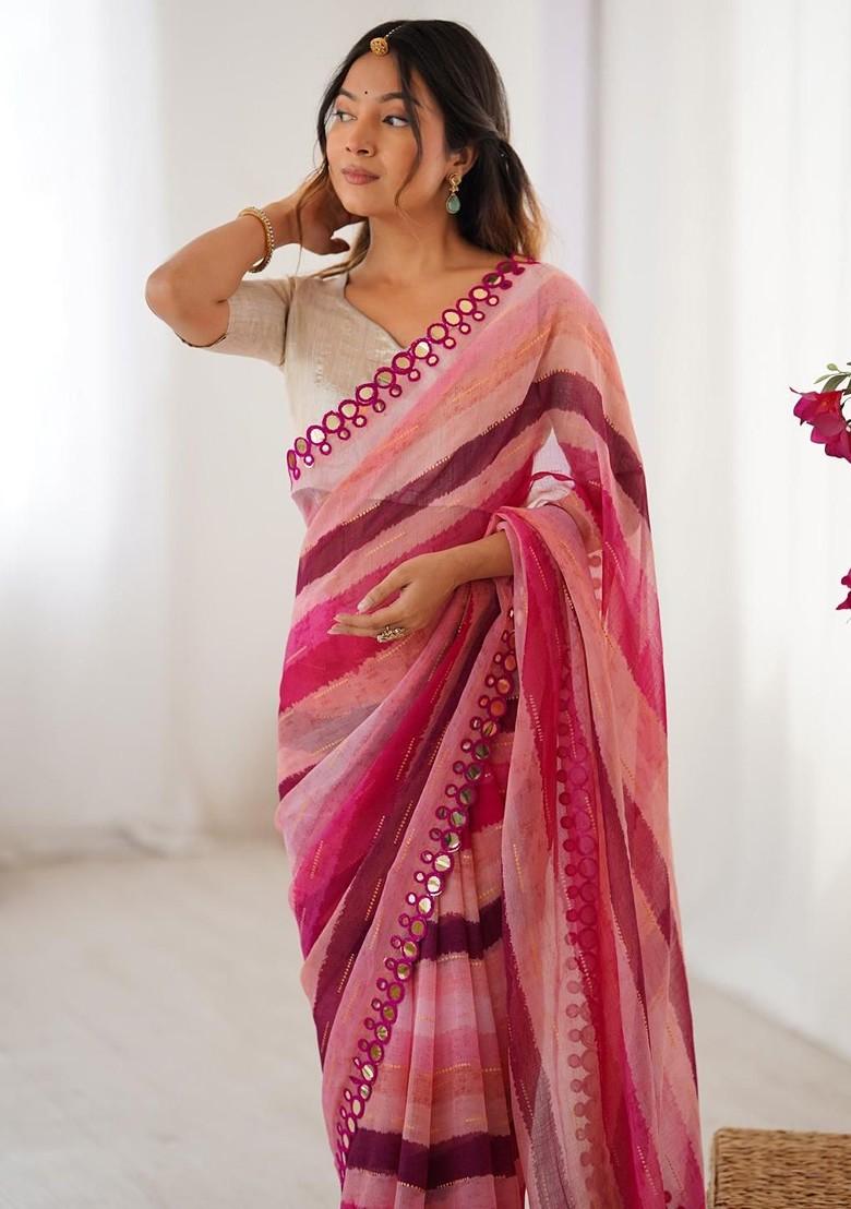Pink Embroidered Blended Saree Set - Indya