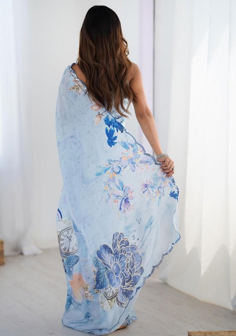 Blue Embroidered Blended Saree Set - Indya