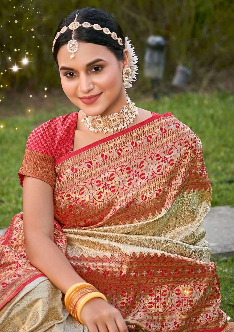 Cream Embroidered Blended Saree Set - Indya