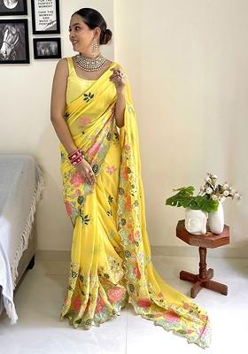 Yellow Embroidered Blended Saree Set