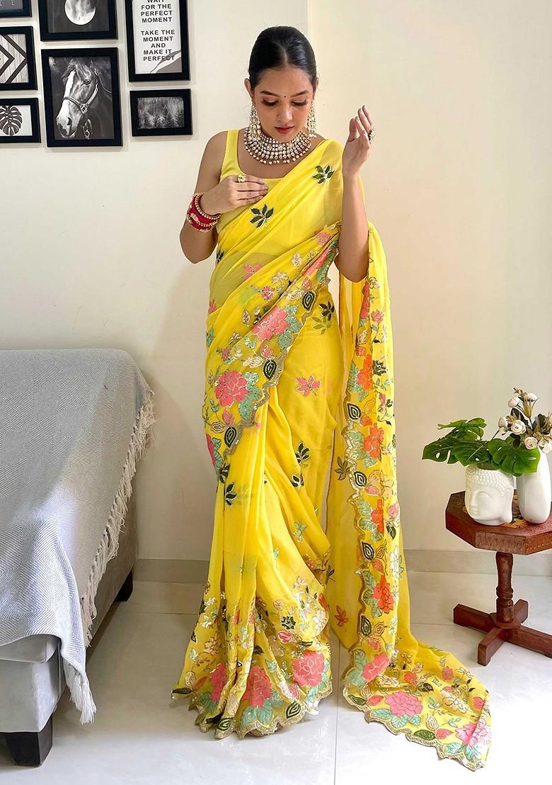 Yellow Embroidered Blended Saree Set - Indya