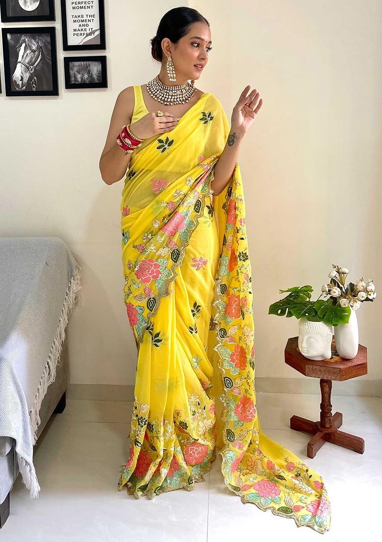 Yellow Embroidered Blended Saree Set - Indya