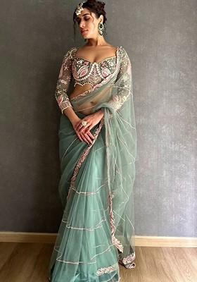 Green Embroidered Blended Saree Set
