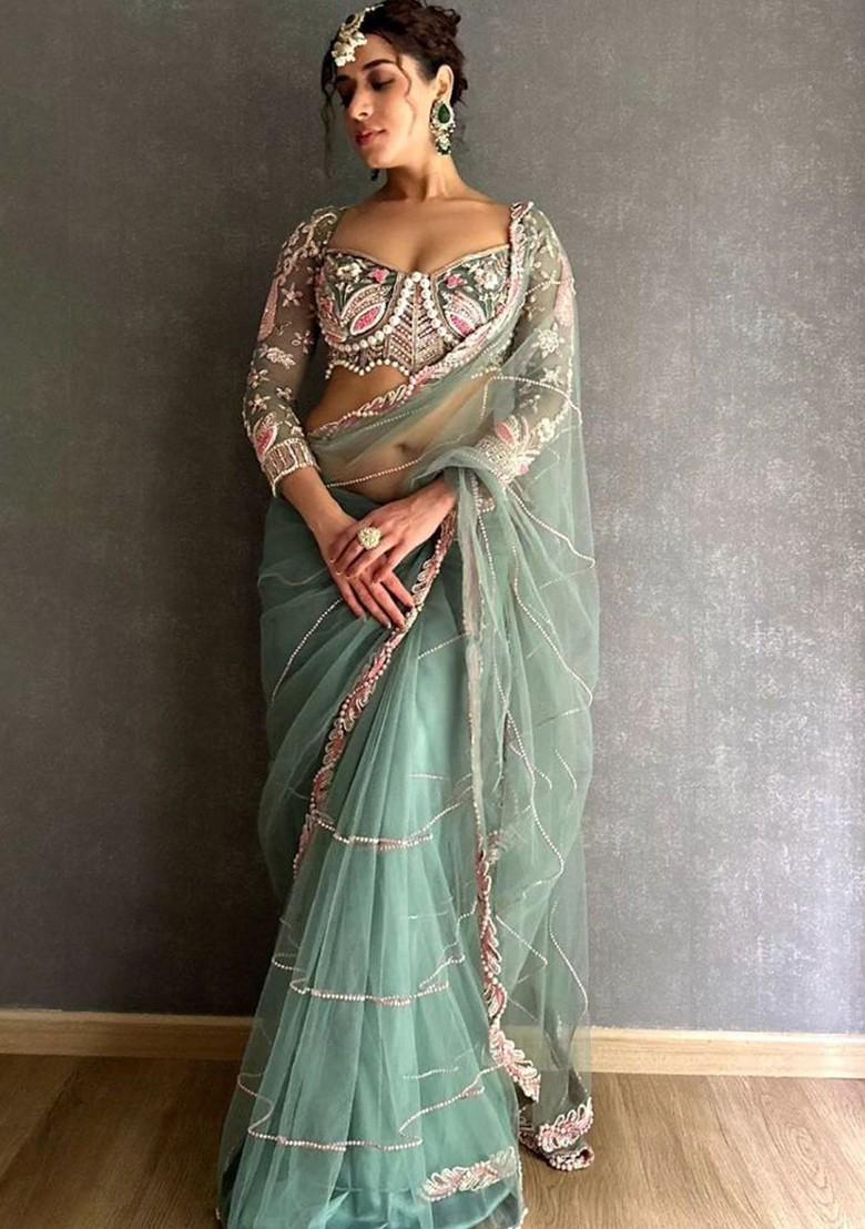 Green Embroidered Blended Saree Set - Indya