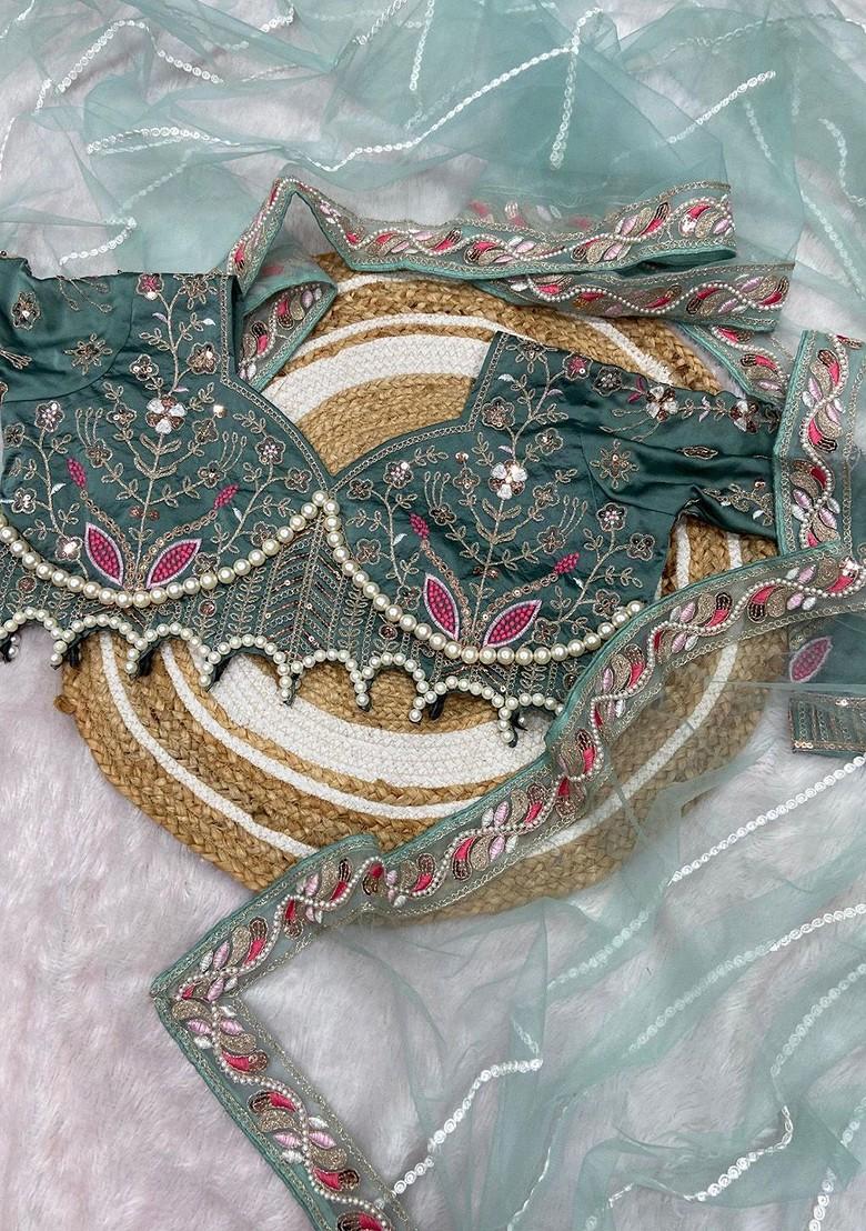 Green Embroidered Blended Saree Set - Indya