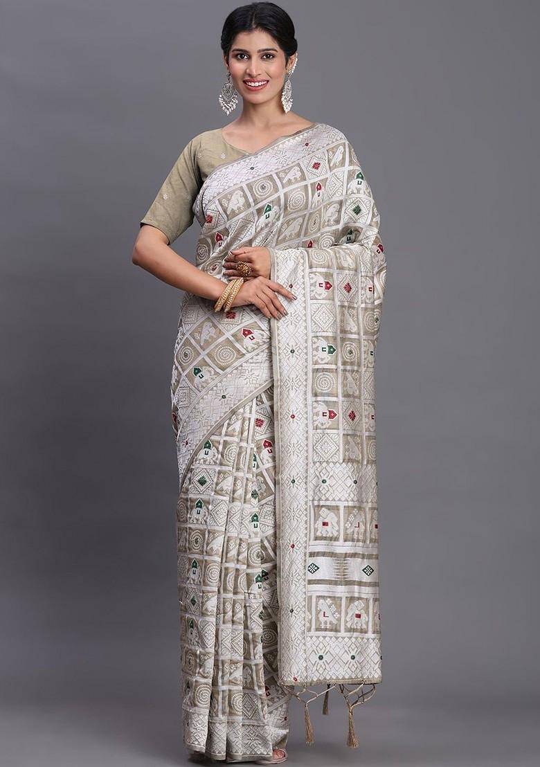 Off White Embroidered Blended Saree Set