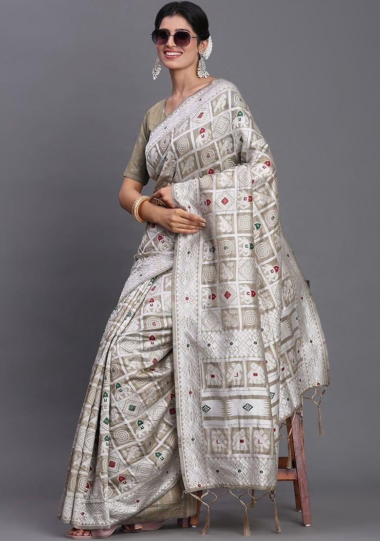 Off White Embroidered Blended Saree Set - Indya