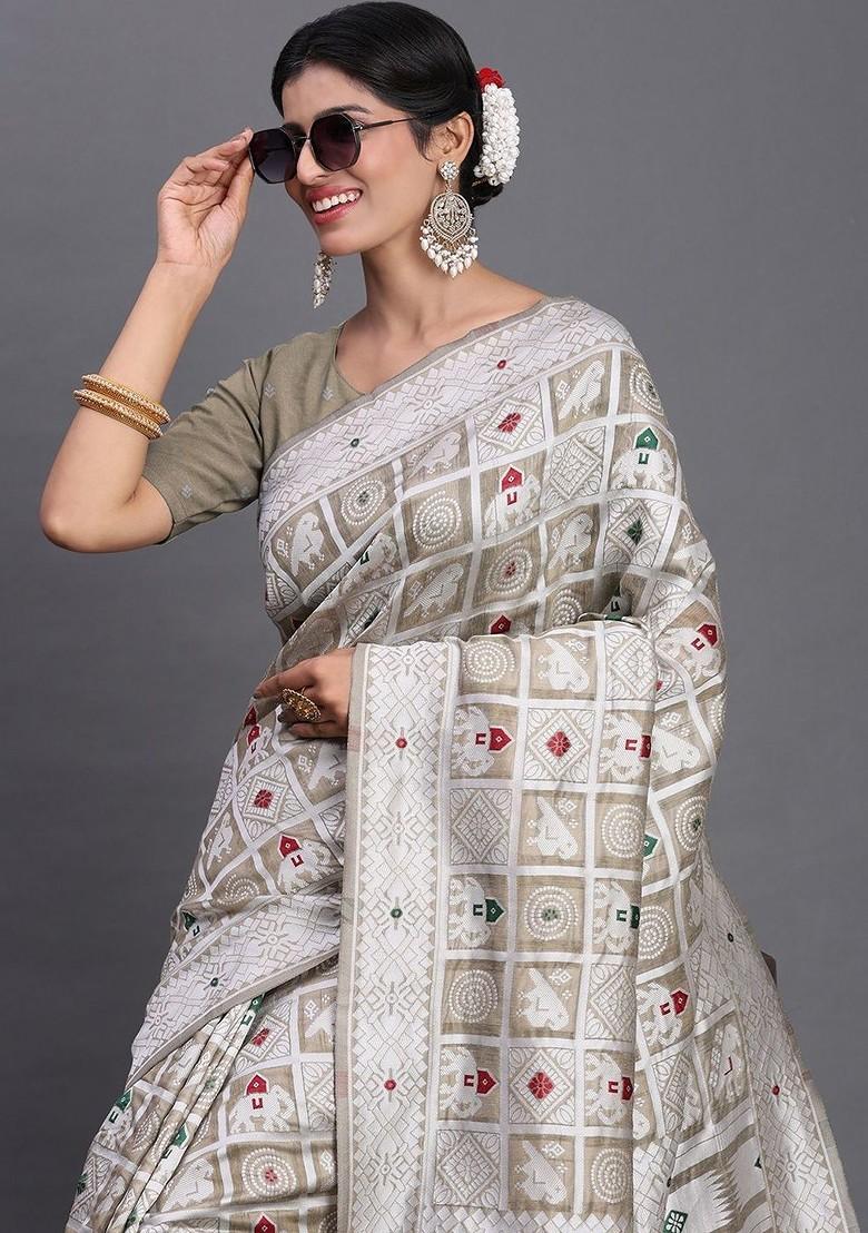 Off White Embroidered Blended Saree Set