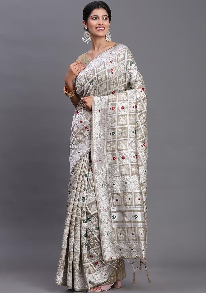 Off White Embroidered Blended Saree Set - Indya