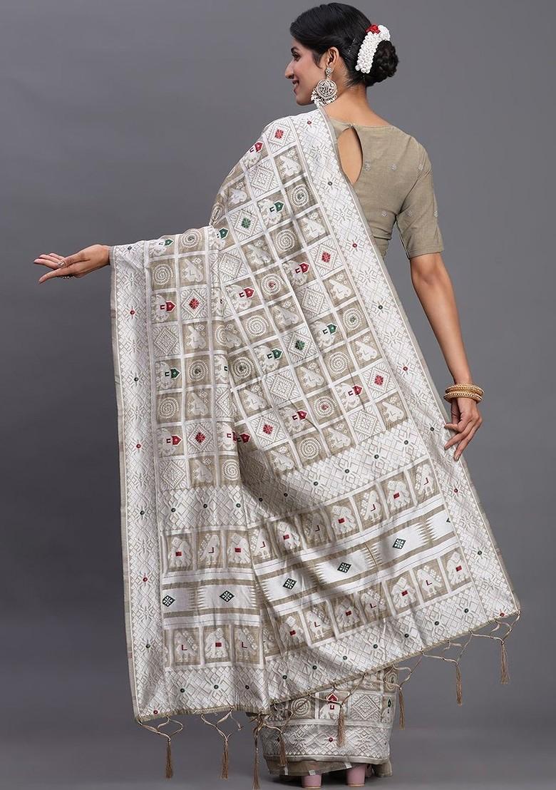 Off White Embroidered Blended Saree Set