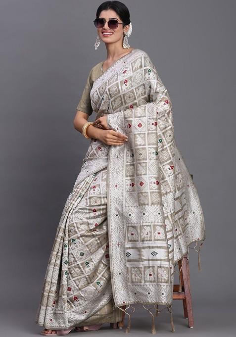 Off White Embroidered Blended Saree Set