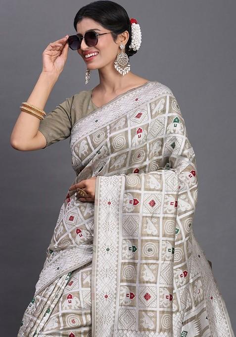 Off White Embroidered Blended Saree Set
