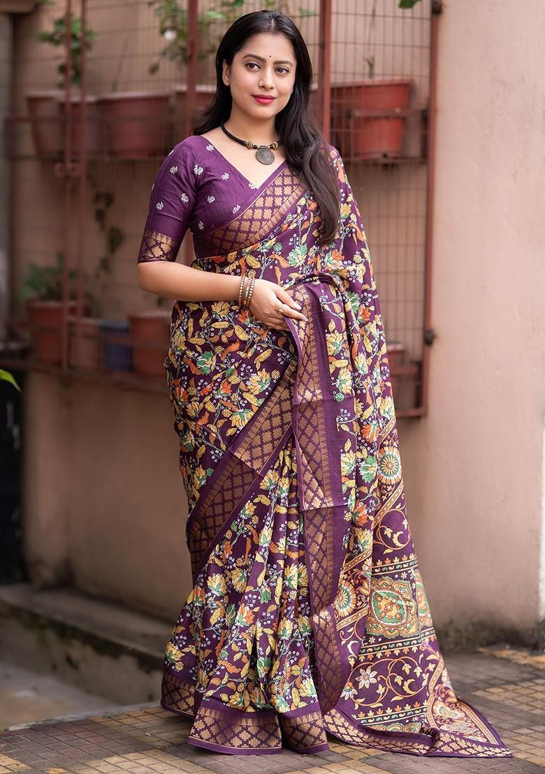 Purple Embroidered Blended Saree Set - Indya