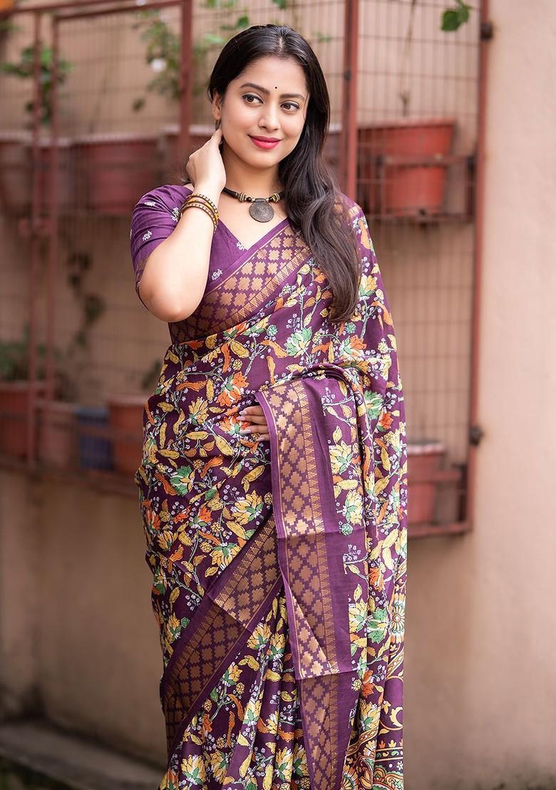 Purple Embroidered Blended Saree Set - Indya