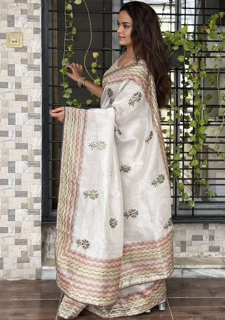 Off White Embroidered Blended Saree Set for Diwali and Festive Wear - Indya