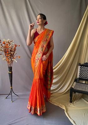 Orange Embroidered Blended Saree Set