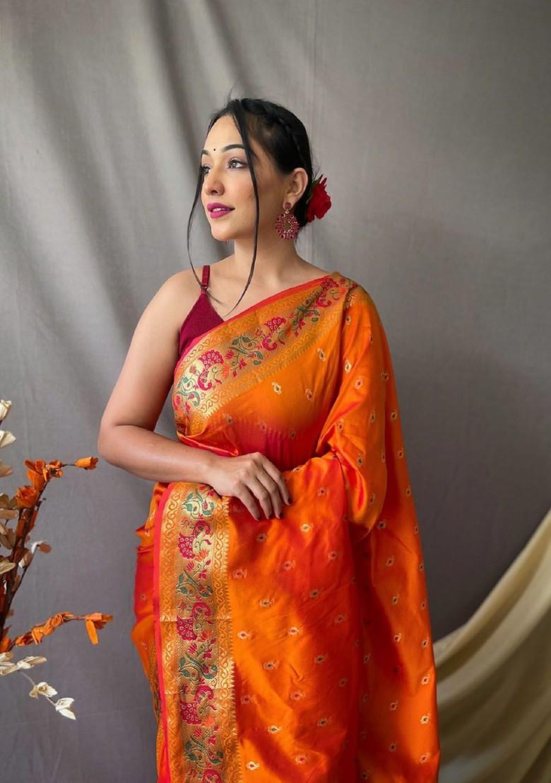 Orange Embroidered Blended Saree Set - Indya