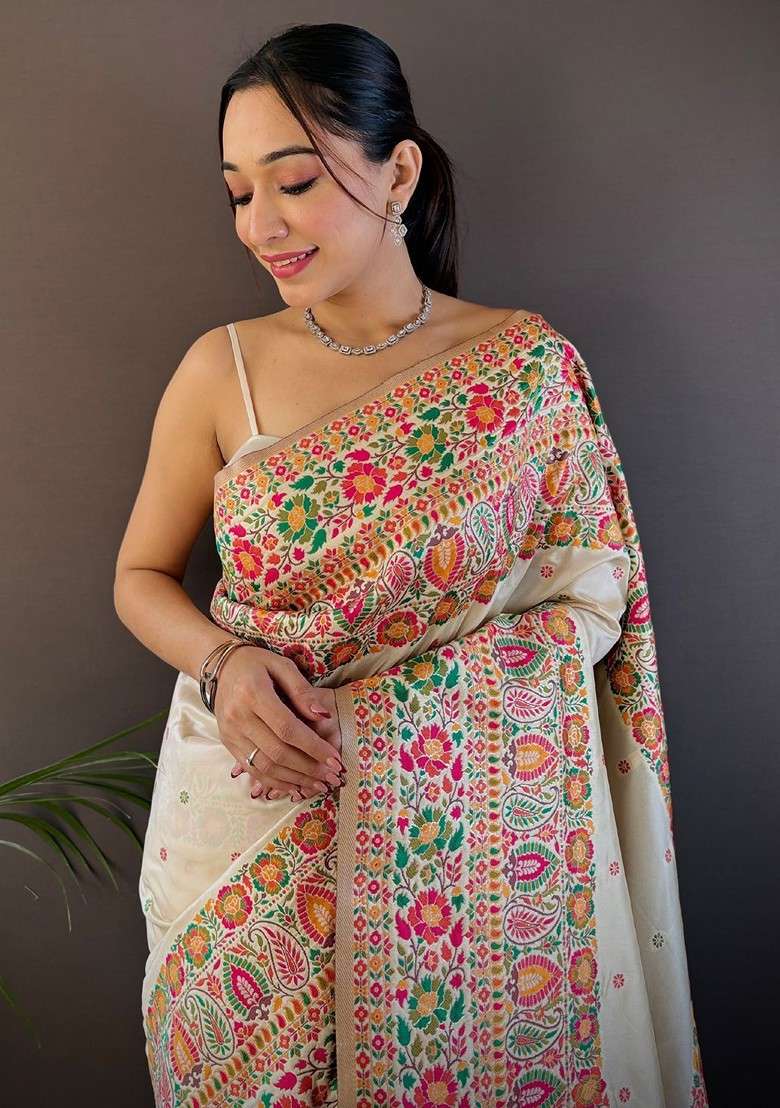 White Embroidered Blended Saree Set for Diwali and Festive Wear - Indya
