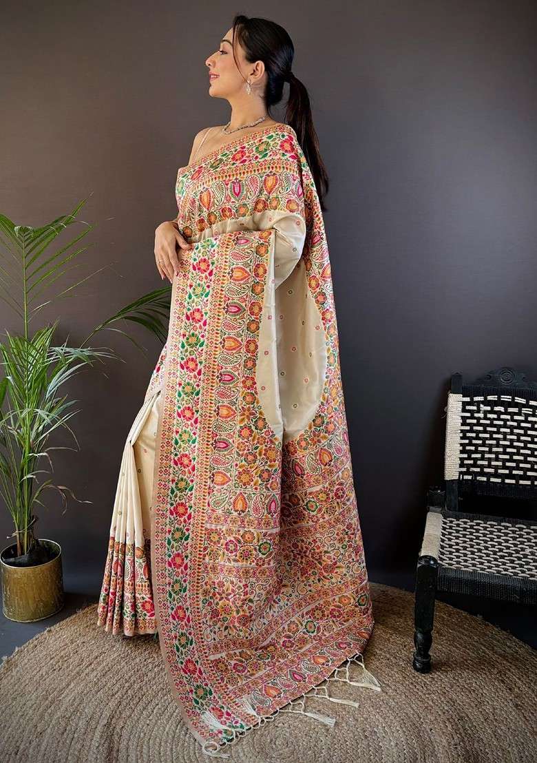 White Embroidered Blended Saree Set for Diwali and Festive Wear - Indya