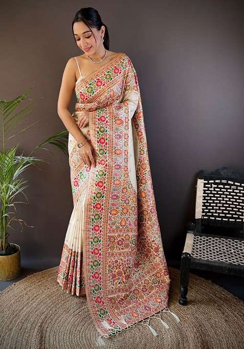 White Embroidered Blended Saree Set for Diwali and Festive Wear