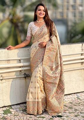 Cream Embroidered Blended Saree Set