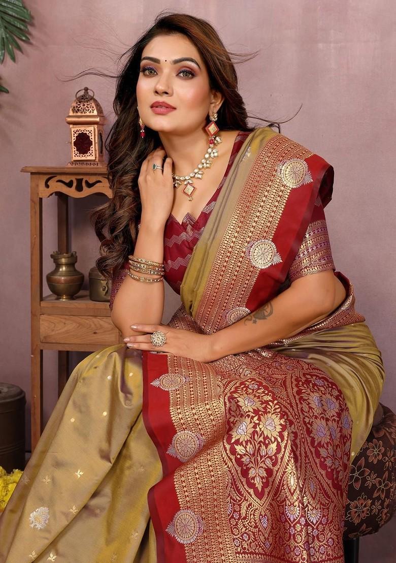 Brown Embroidered Blended Saree Set - Indya