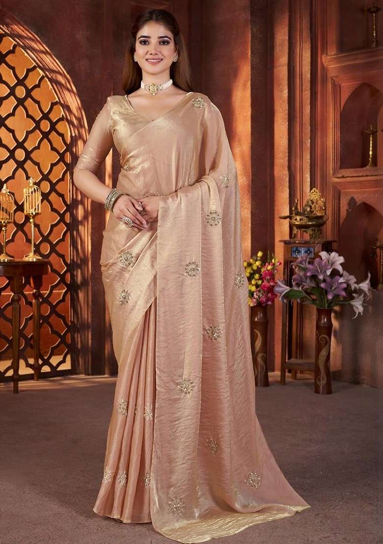 Cream Embroidered Blended Saree Set - Indya