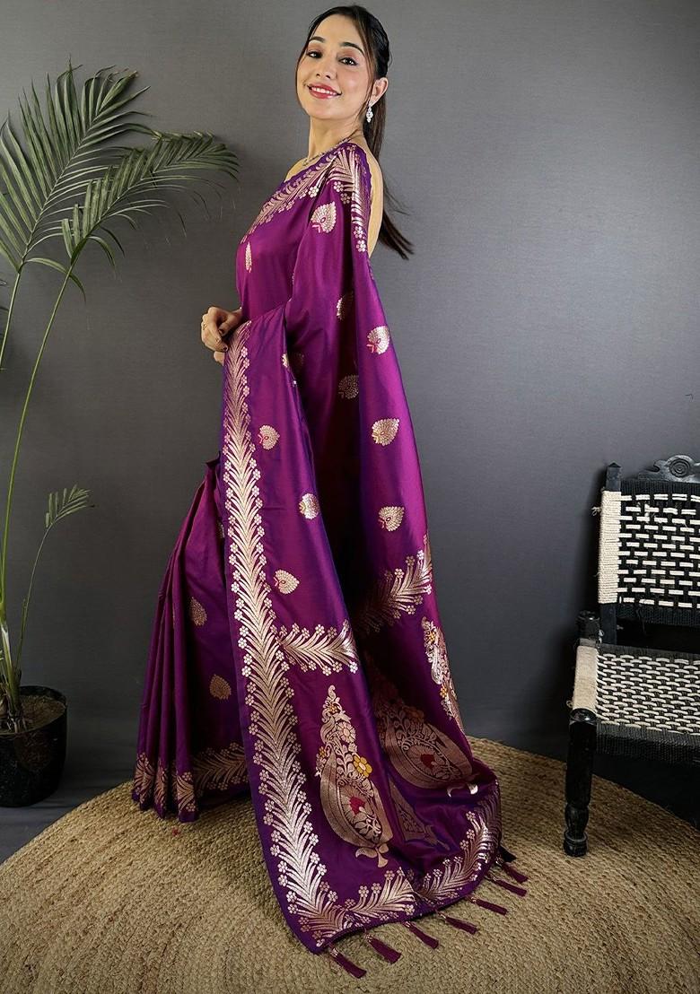 Purple Embroidered Blended Saree Set - Indya
