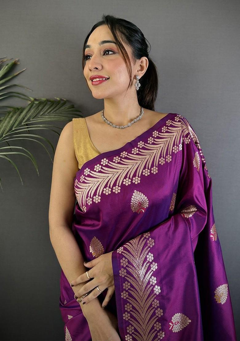 Purple Embroidered Blended Saree Set - Indya