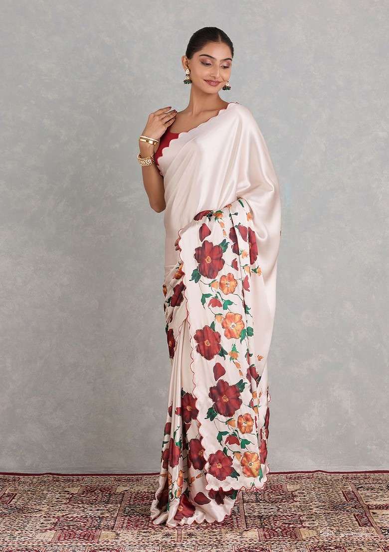 White Embroidered Blended Saree Set - Indya