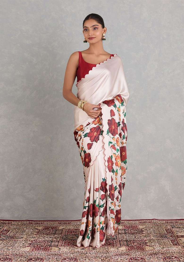 White Embroidered Blended Saree Set - Indya
