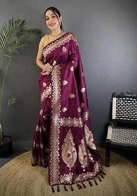 Burgundy Embroidered Blended Saree Set