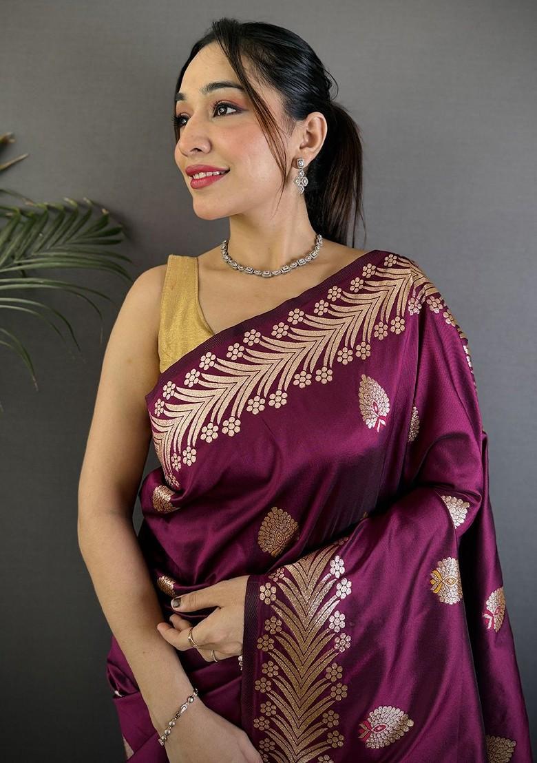 Burgundy Embroidered Blended Saree Set - Indya