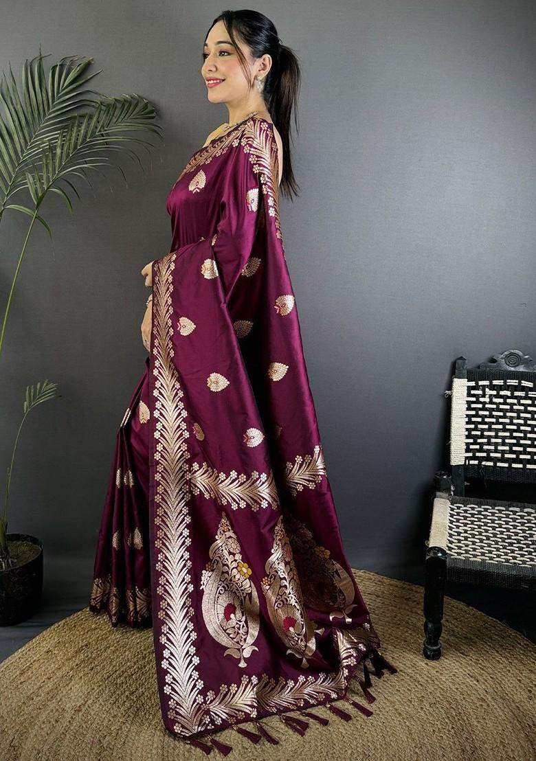 Burgundy Embroidered Blended Saree Set - Indya