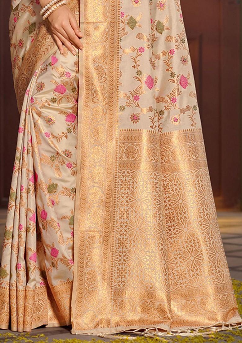 Beige Embroidered Blended Saree Set - Indya