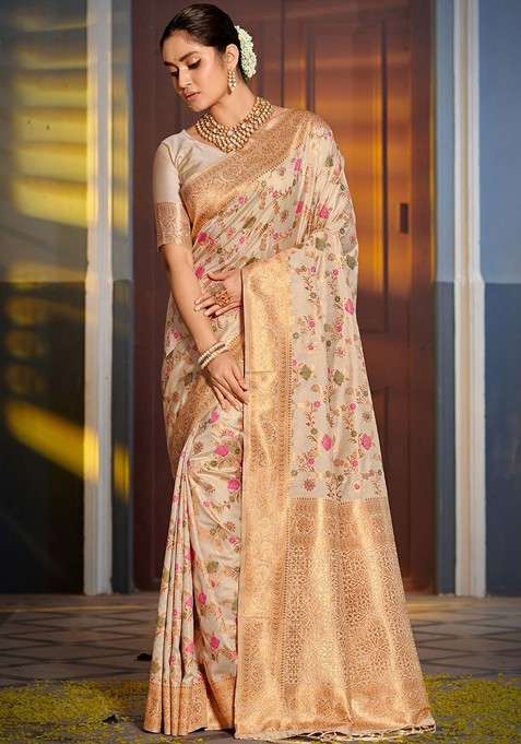 Beige Embroidered Blended Saree Set for Diwali and Festive Wear