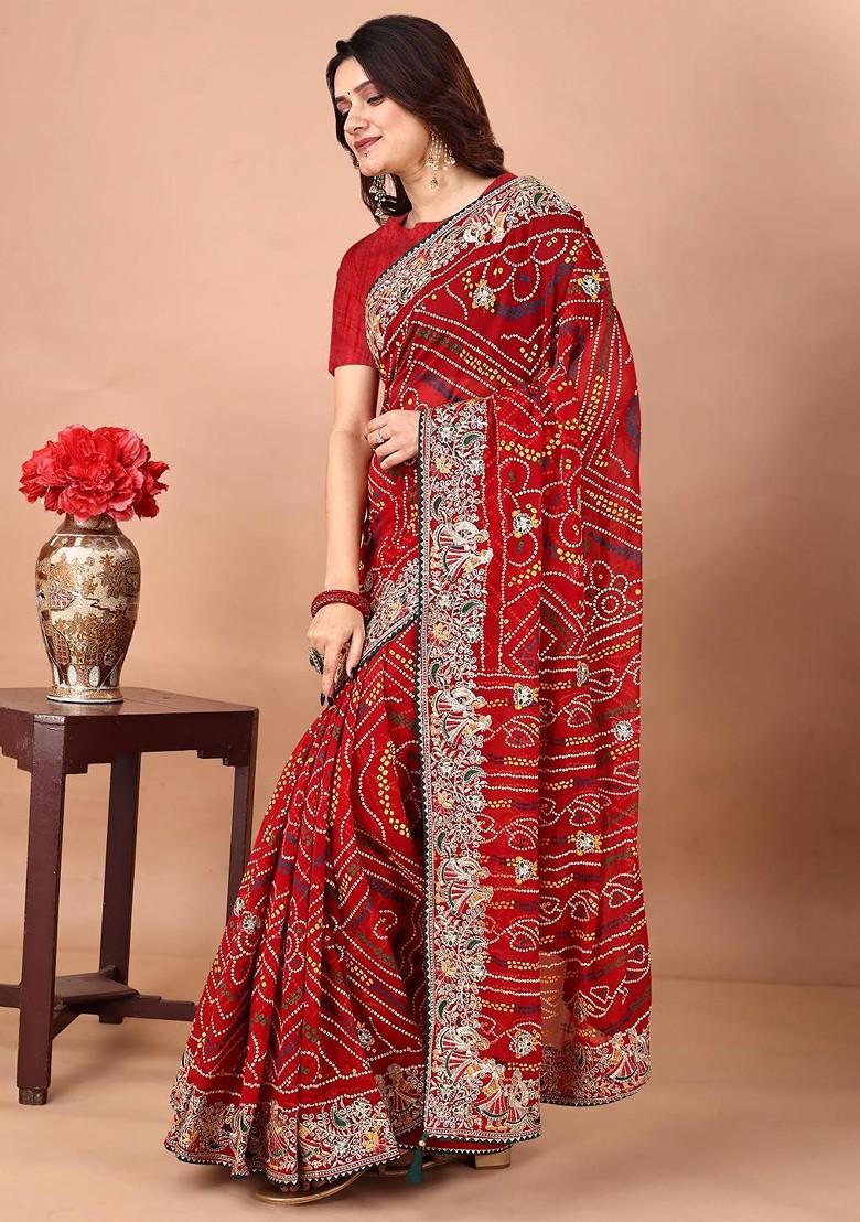 Red Embroidered Blended Saree Set - Indya