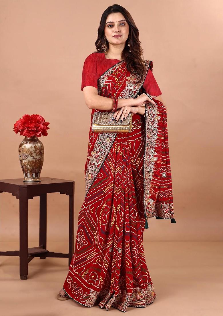 Red Embroidered Blended Saree Set - Indya