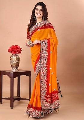 Orange Embroidered Blended Saree Set