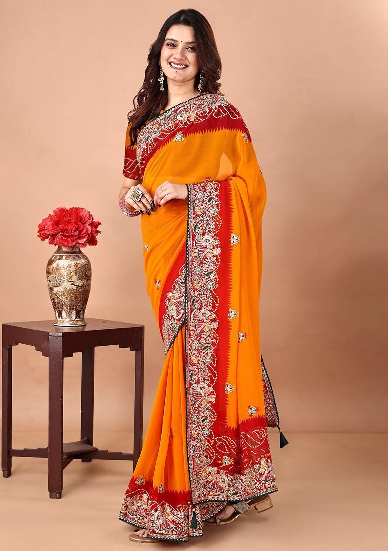 Orange Embroidered Blended Saree Set - Indya