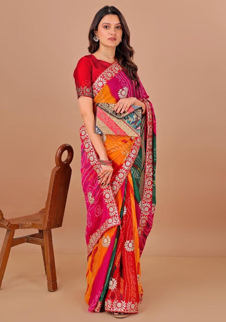 Orange Embroidered Blended Saree Set - Indya