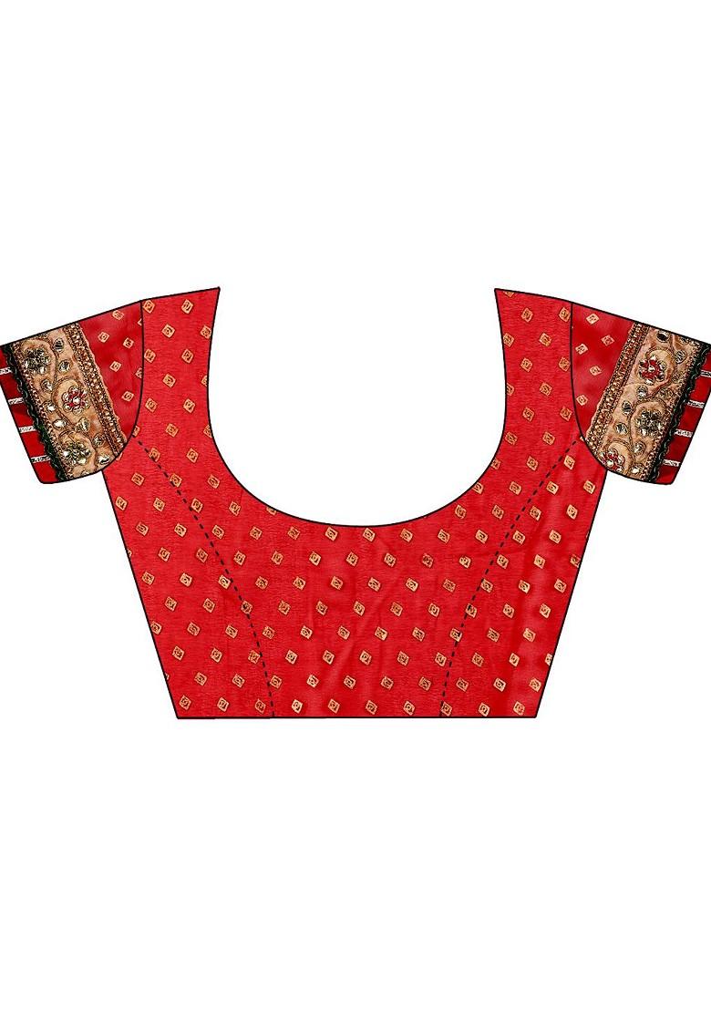 Red Embroidered Blended Saree Set - Indya