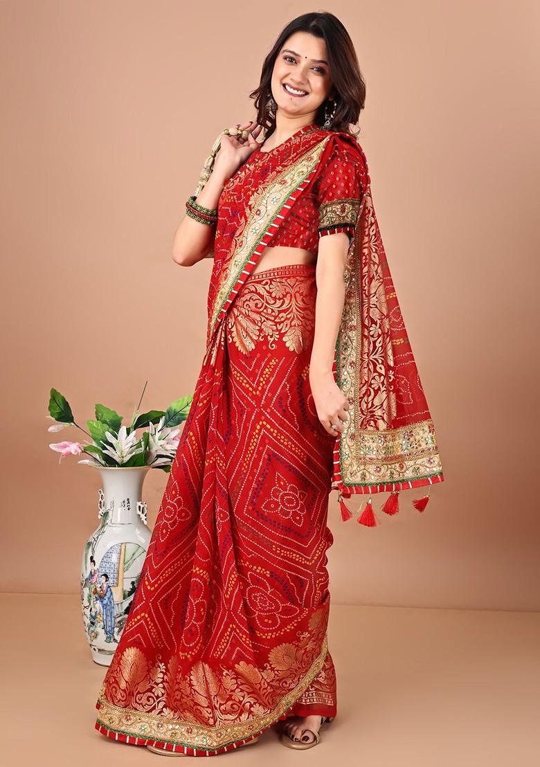 Red Embroidered Blended Saree Set - Indya