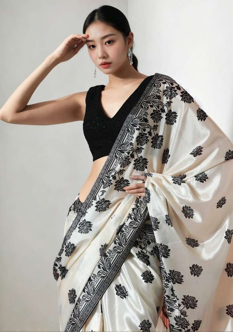 Cream Embroidered Blended Saree Set - Indya