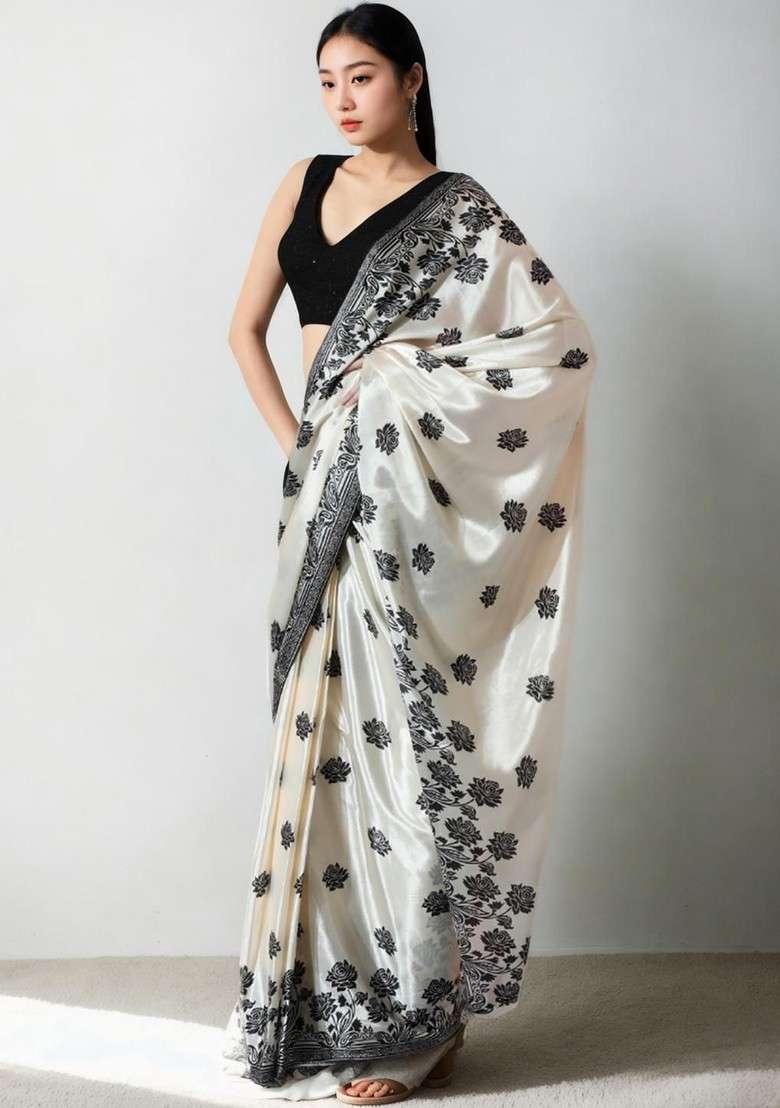 Cream Embroidered Blended Saree Set - Indya