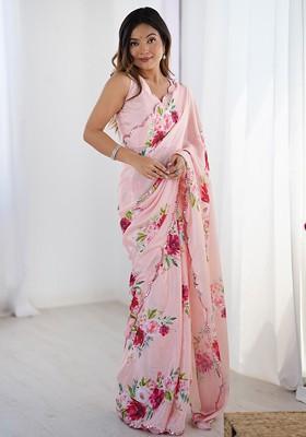 Peach Embroidered Blended Saree Set