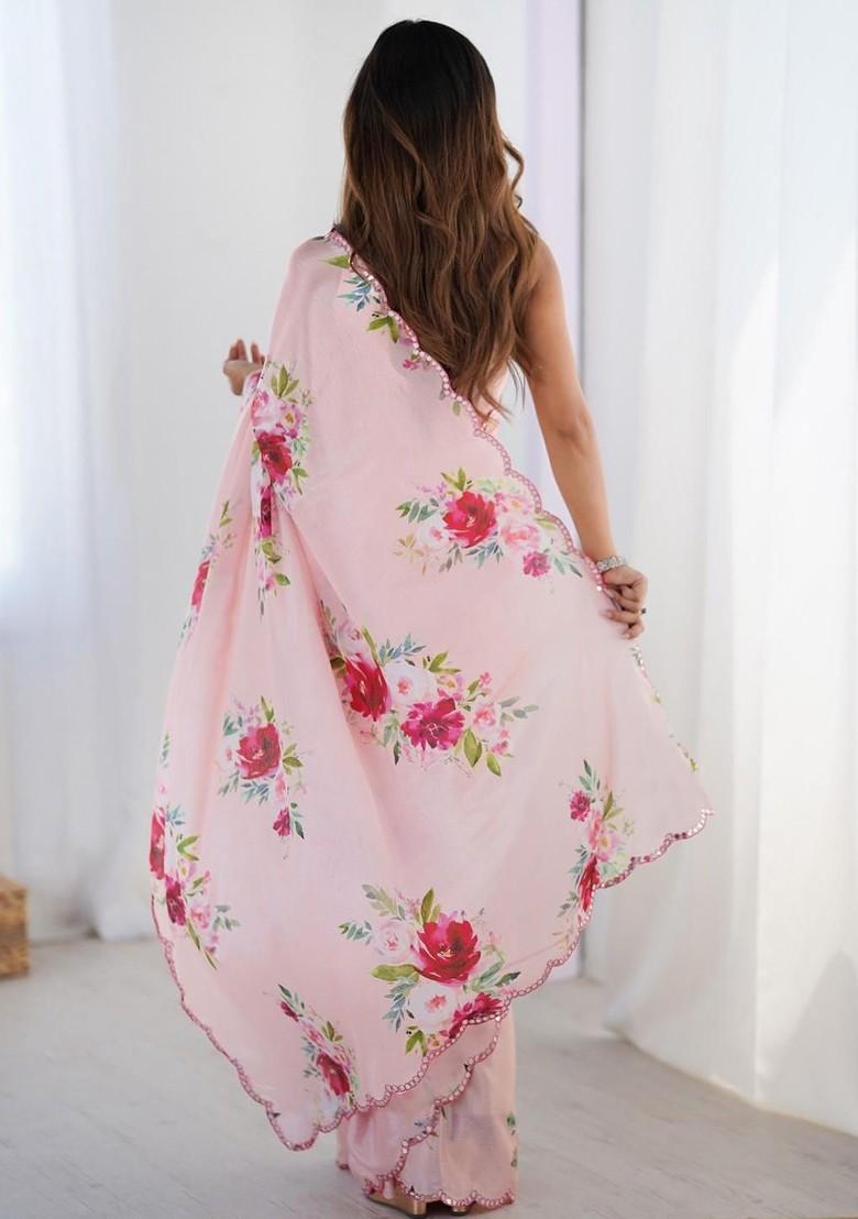 Peach Embroidered Blended Saree Set - Indya