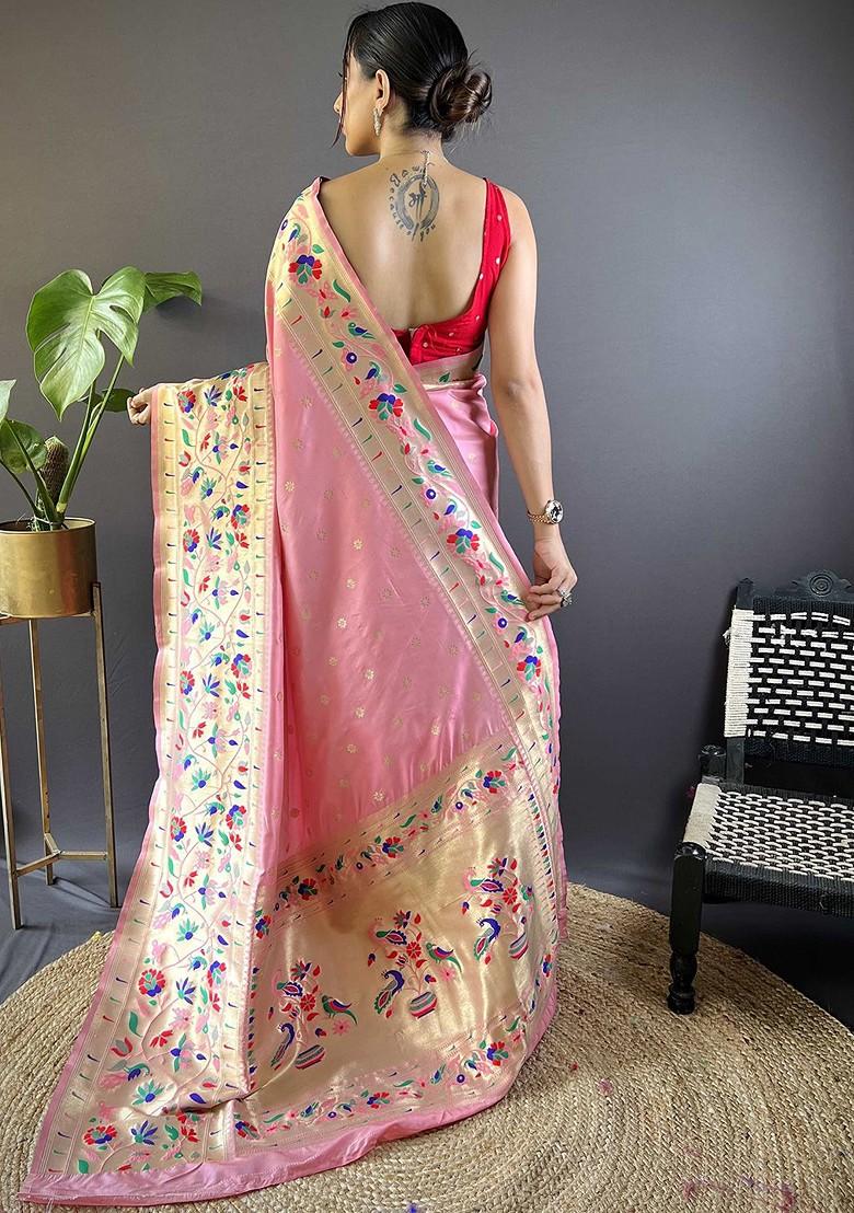 Pink Embroidered Blended Saree Set - Indya