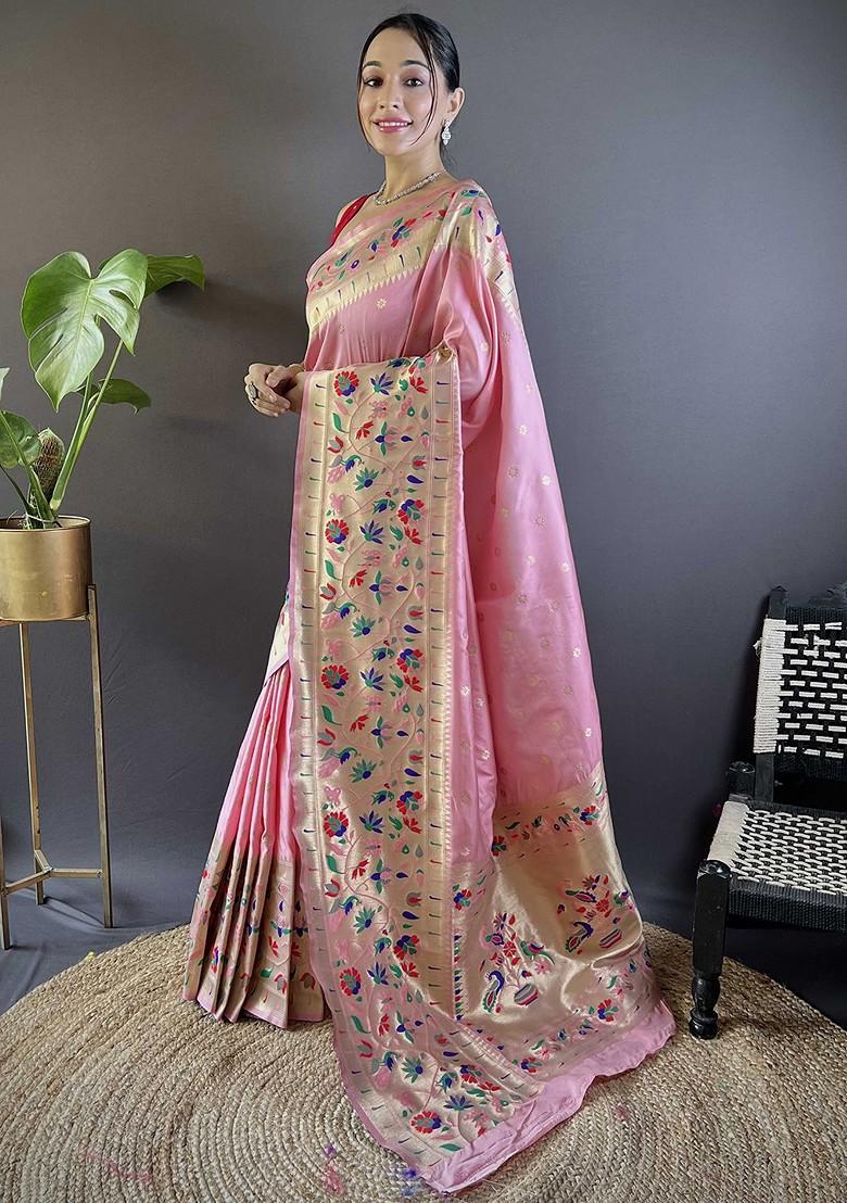 Pink Embroidered Blended Saree Set - Indya