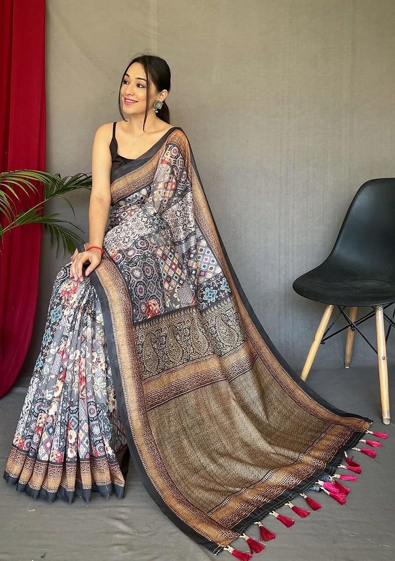 Grey Embroidered Blended Saree Set - Indya
